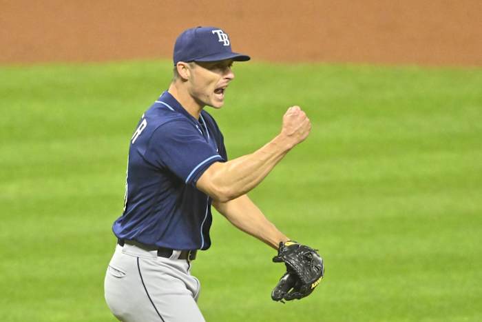 ampa Bay Rays relief pitcher Calvin Faucher (58) celebrates a win over the Cleveland Guardians at Progressive Field. (David Richard-USA TODAY Sports)